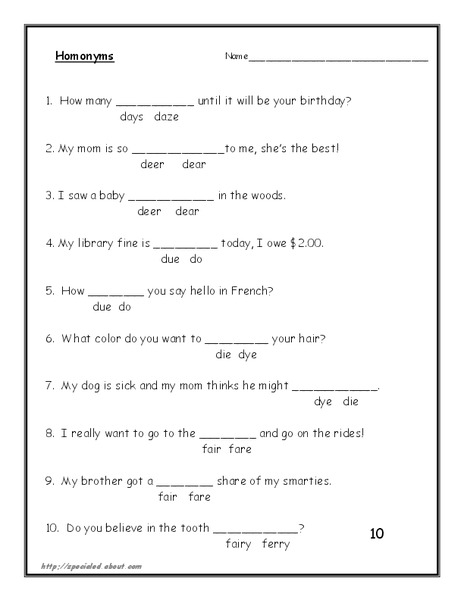 Homonyms Worksheet
