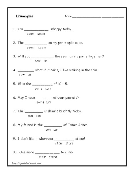 Homonyms Worksheet