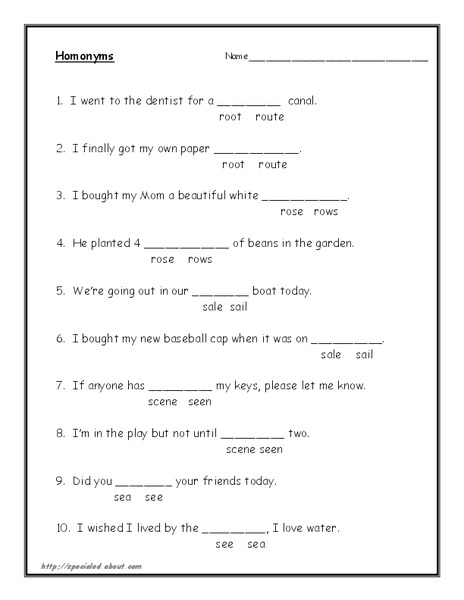 Homonyms Worksheet
