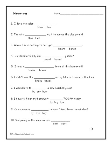 Homonyms Worksheet