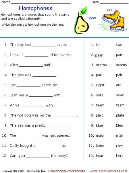 Homophones Worksheet