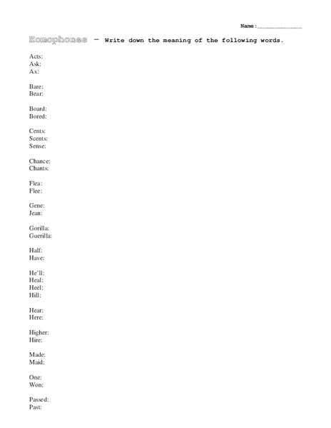 Homophones Worksheet