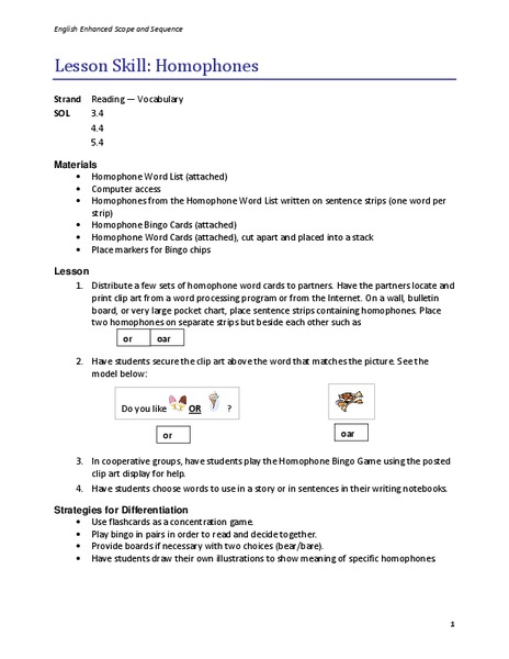 Homophones Lesson Plan