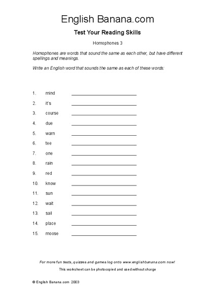 Homophones 3 Worksheet