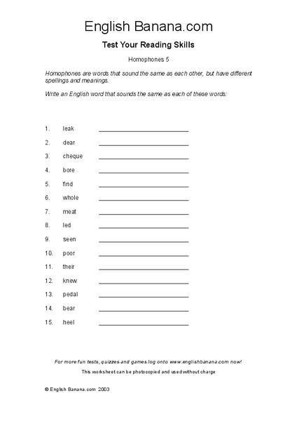 Homophones 5 Worksheet