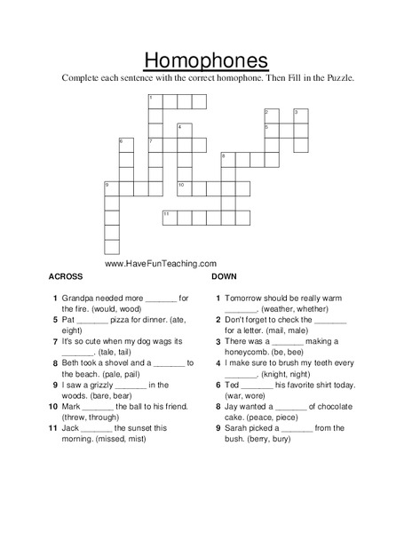 Homophones Crossword Puzzle Worksheet