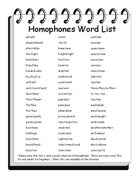 Homophones Word List Worksheet