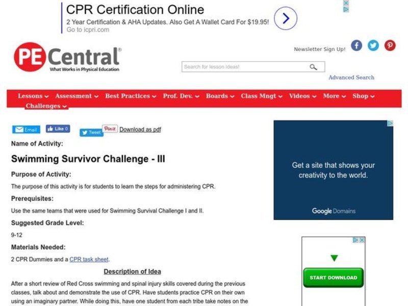 Swimming Survivor Challenge - III Lesson Plan