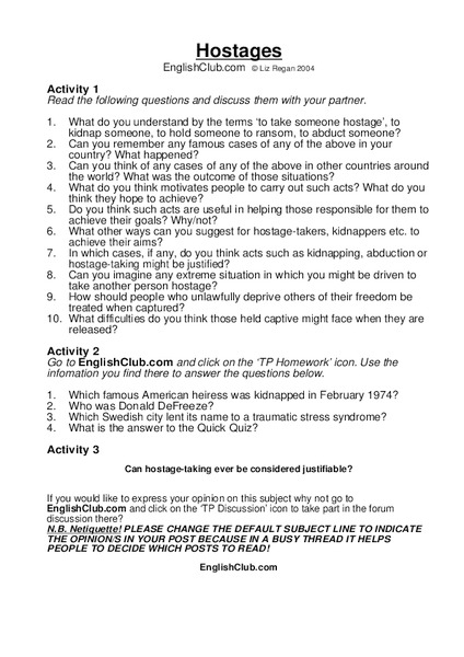 Hostages Worksheet