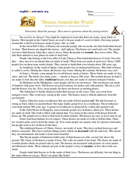 Houses Around the World Worksheet