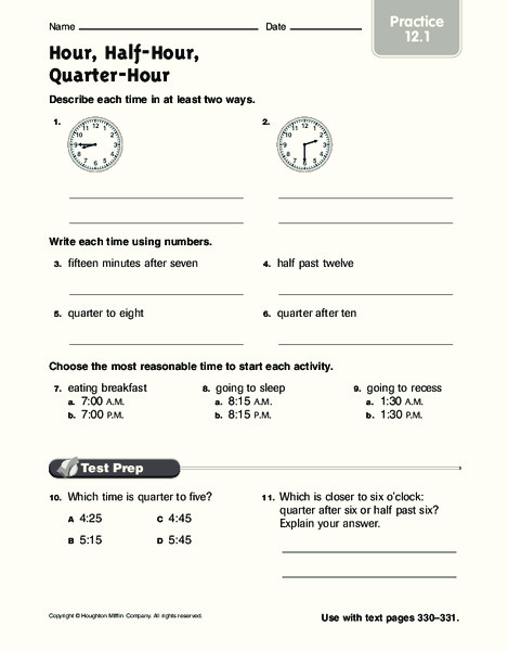 Hour, Half-Hour, Quarter-Hour Worksheet
