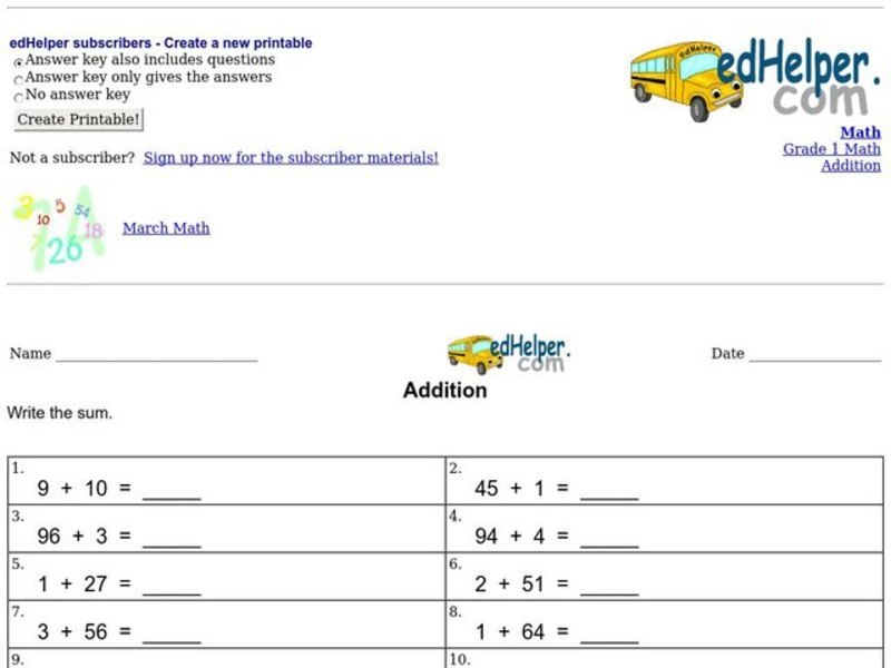 Horizontal Addition Worksheet