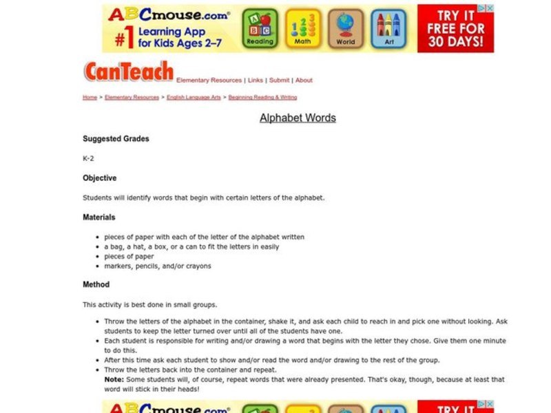 Alphabet Words Lesson Plan