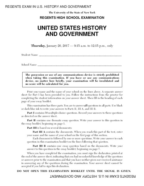 US History and Government Examination: January 2017 Assessment