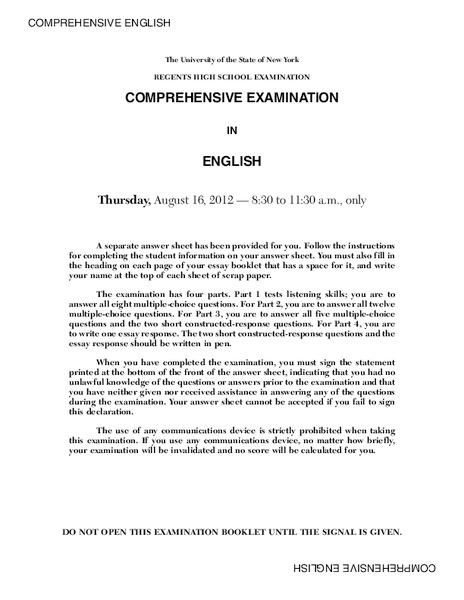 Comprehensive English Examination: August 2012 Assessment