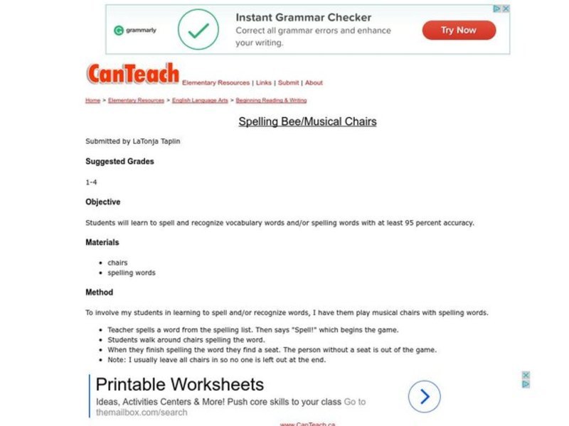 Spelling Bee/Musical Chairs Lesson Plan