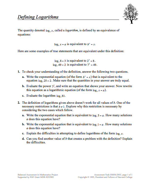 Defining Logarithms Assessment