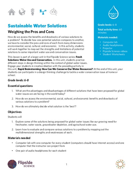Sustainable Water Solutions: Weighing the Pros and Cons Lesson Plan