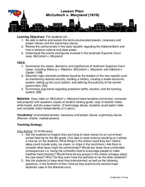 McCullough v. Maryland Lesson Plan