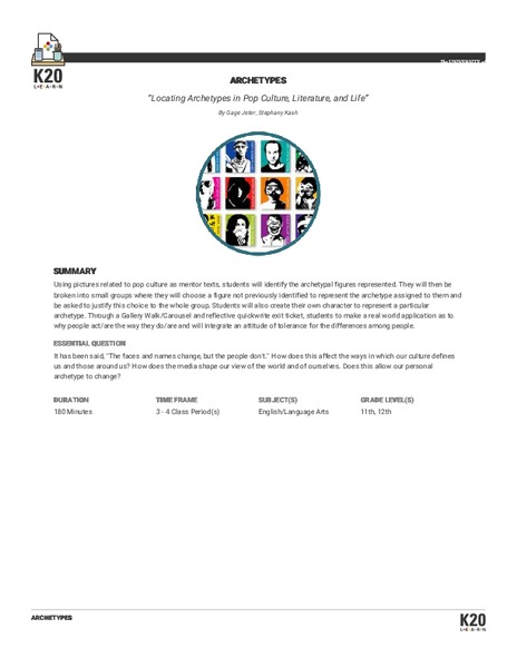 Locating Archetypes in Pop Culture, Literature, and Life Lesson Plan