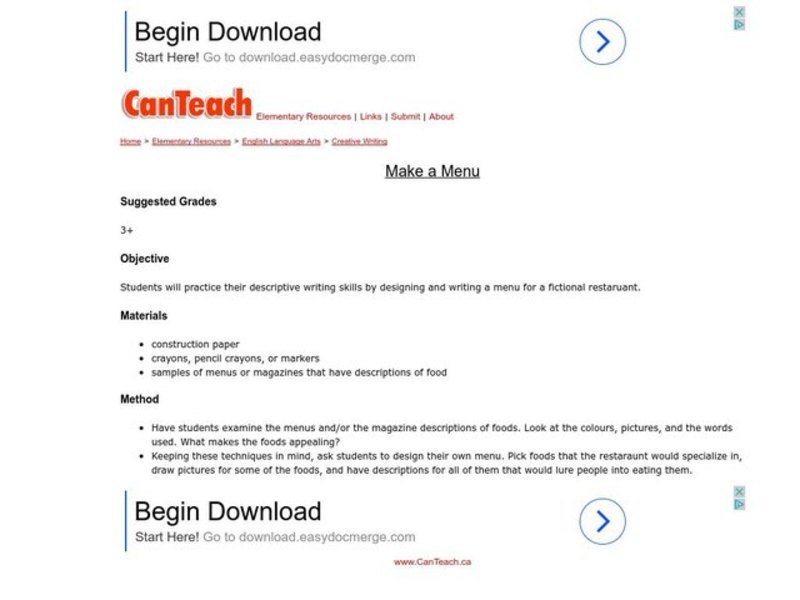 Make a Menu Lesson Plan