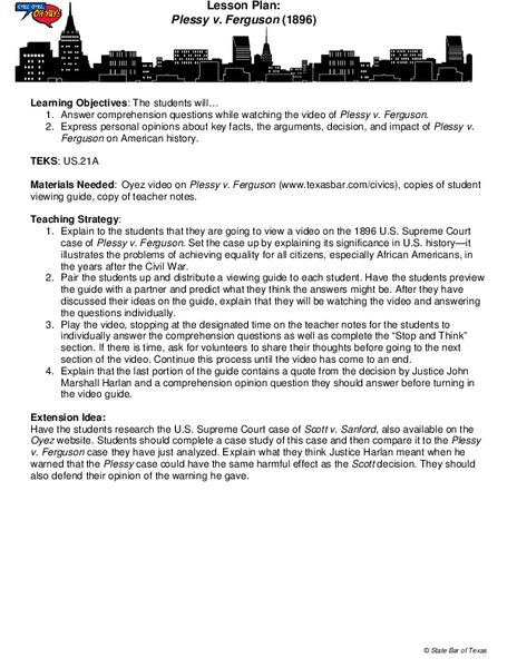Plessy v. Ferguson Lesson Plan