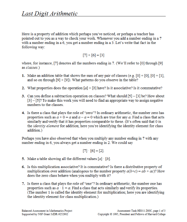 Last Digit Arithmetic Assessment