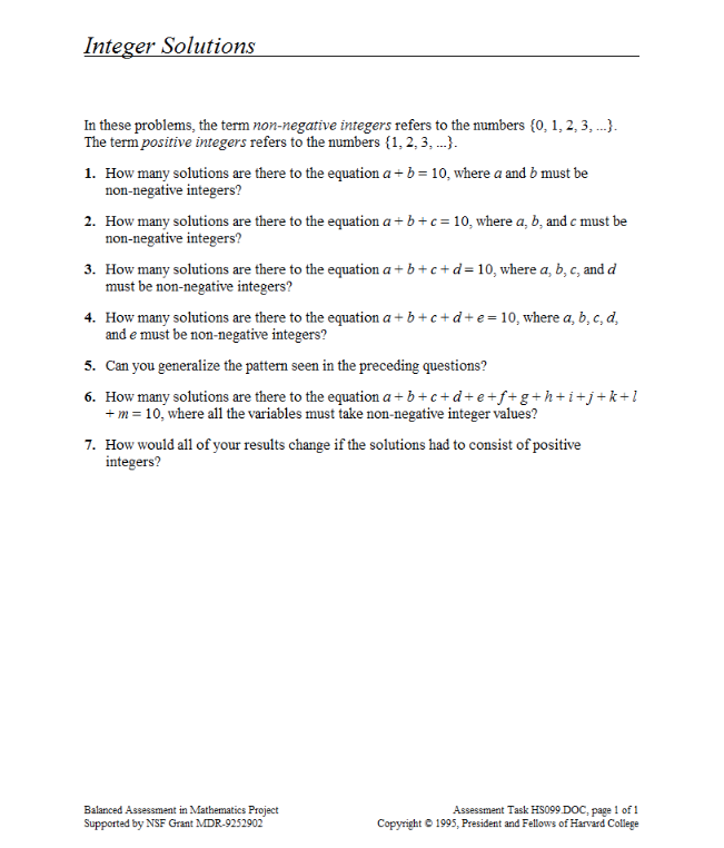 Integer Solutions Assessment