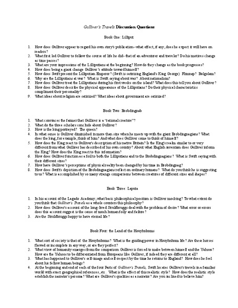 Gulliver's Travels Discussion Questions Worksheet