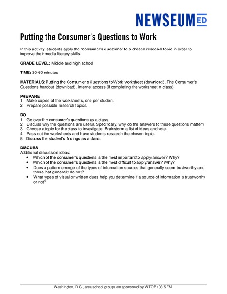 Putting the Consumer's Questions to Work Lesson Plan