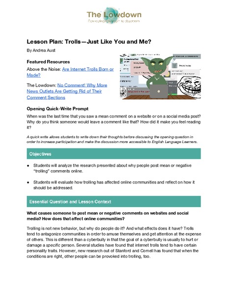 Lesson Plan: Trolls—Just Like You and Me? Lesson Plan