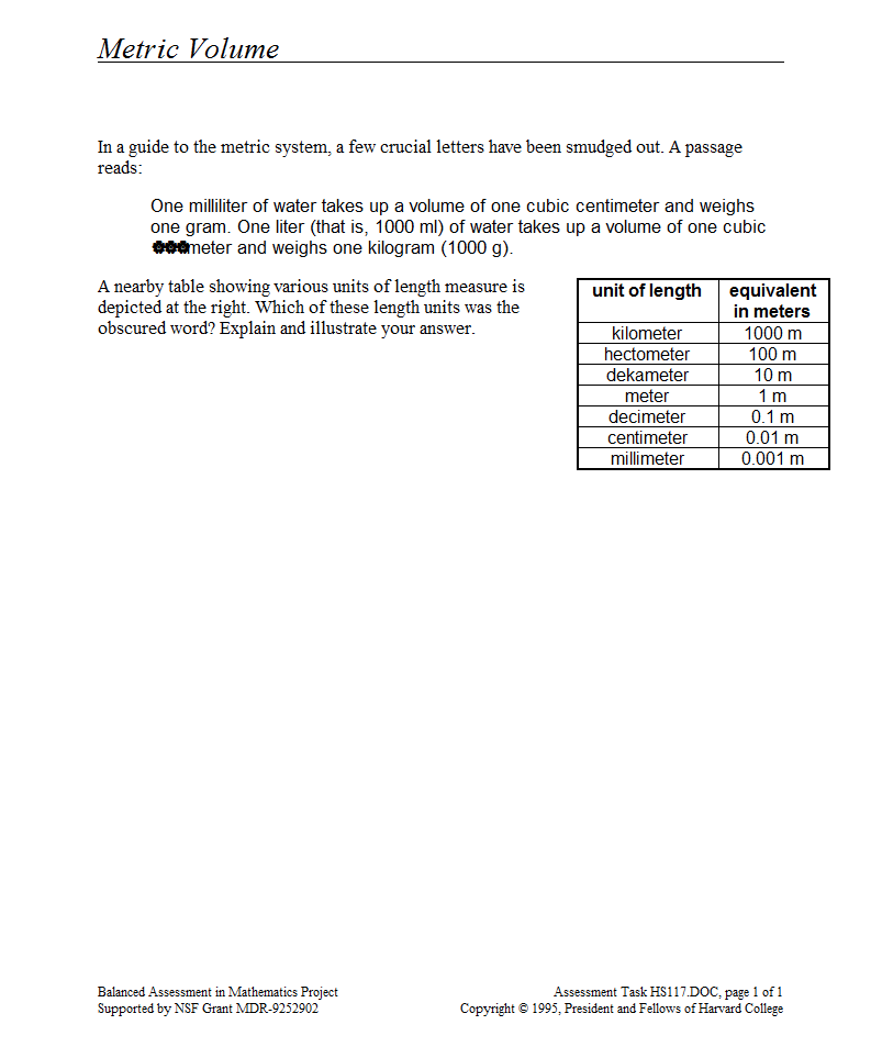 Metric Volume Assessment