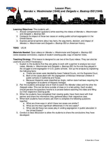 Mendez v. Westminster and Delgado v. Bastrop ISD Lesson Plan