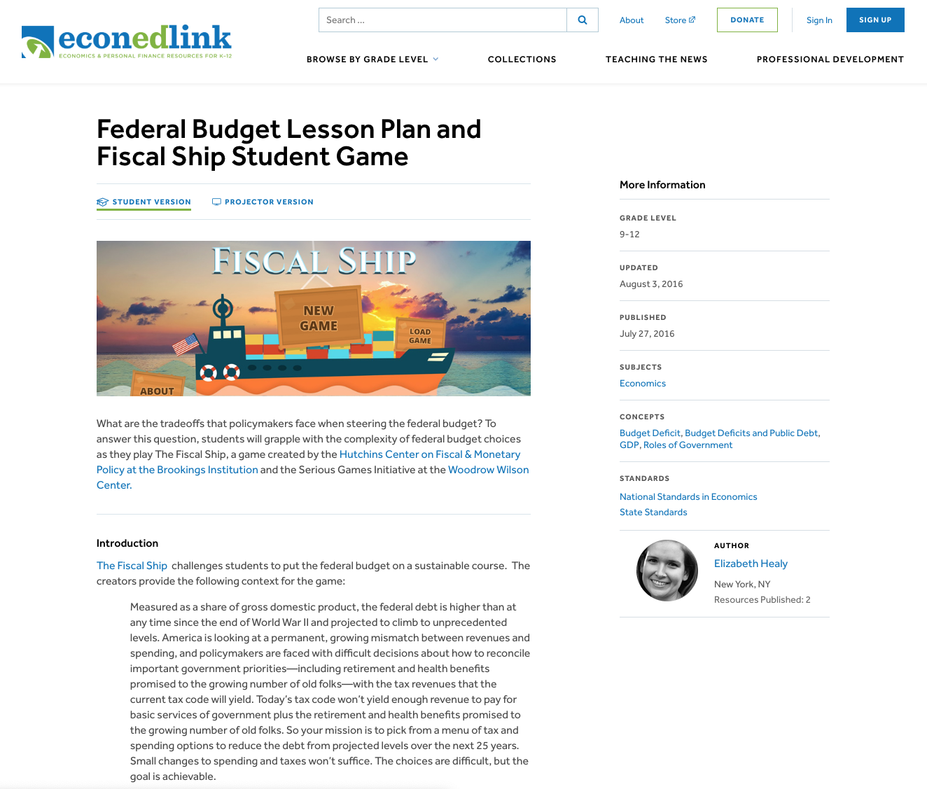 Federal Budget Lesson Plan and Fiscal Ship Student Game Lesson Plan