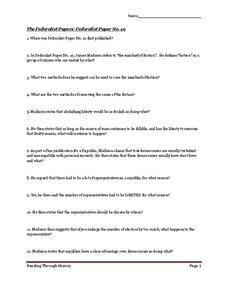 The Federalist Papers: Federalist Paper No. 10 Worksheet