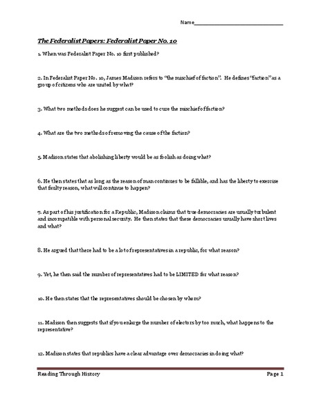 The Federalist Papers: Federalist Paper No. 10 Worksheet