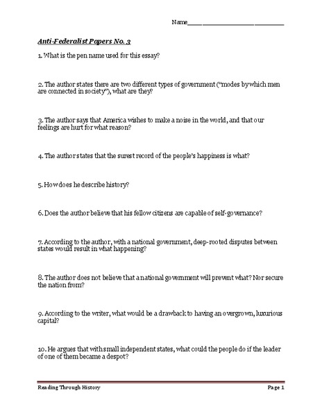 Anti-Federalist Paper No. 3 Worksheet