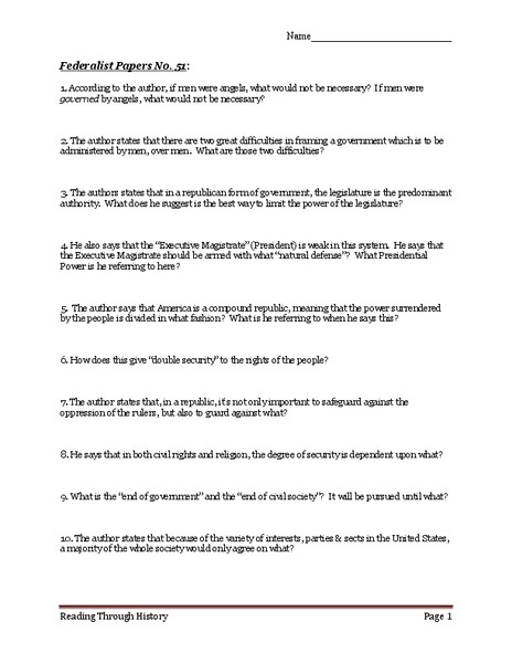 The Federalist Papers: Federalist Paper No. 51 Worksheet