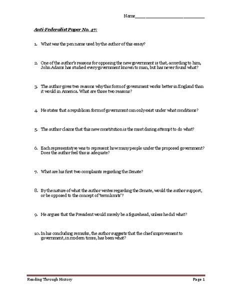 Anti-Federalist Paper No. 47 Worksheet