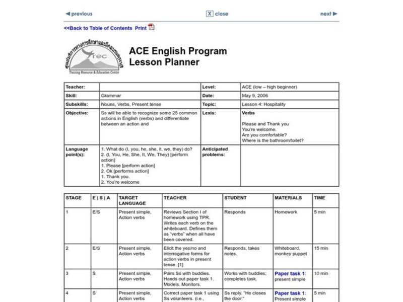 Hospitality Lesson Plan