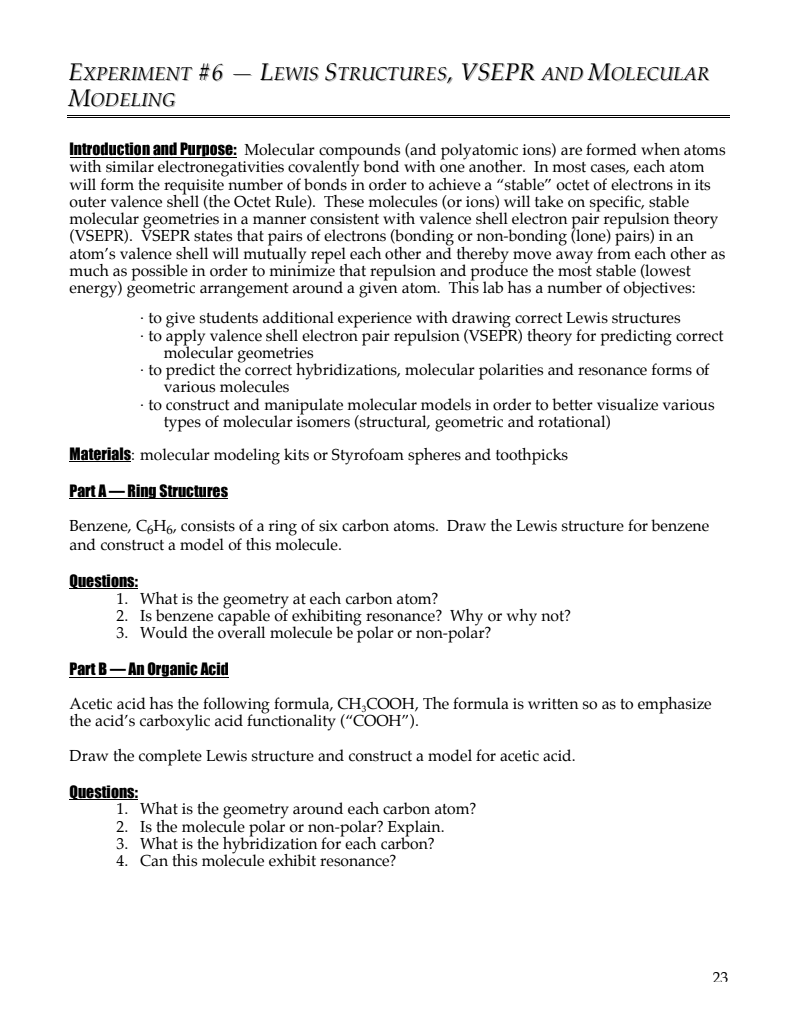 Lewis Structures, VSEPR and Molecular Modeling Lab Resource