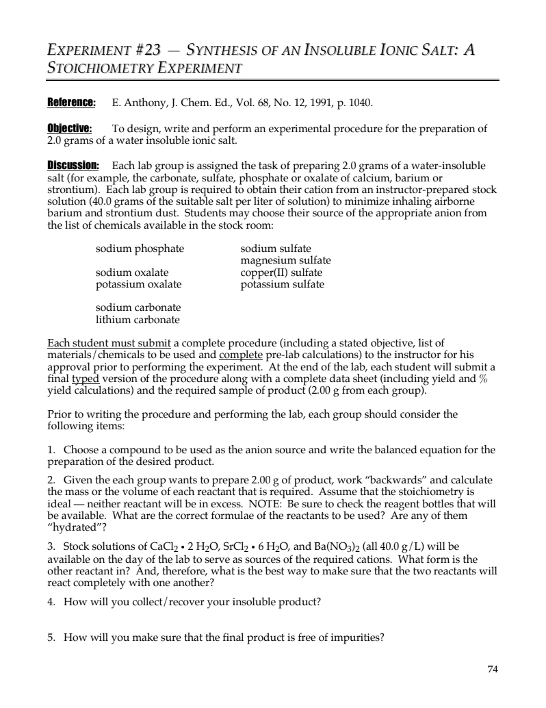 Synthesis of an Insoluble Ionic Salt: A Stoichiometry Experiment Lab Resource