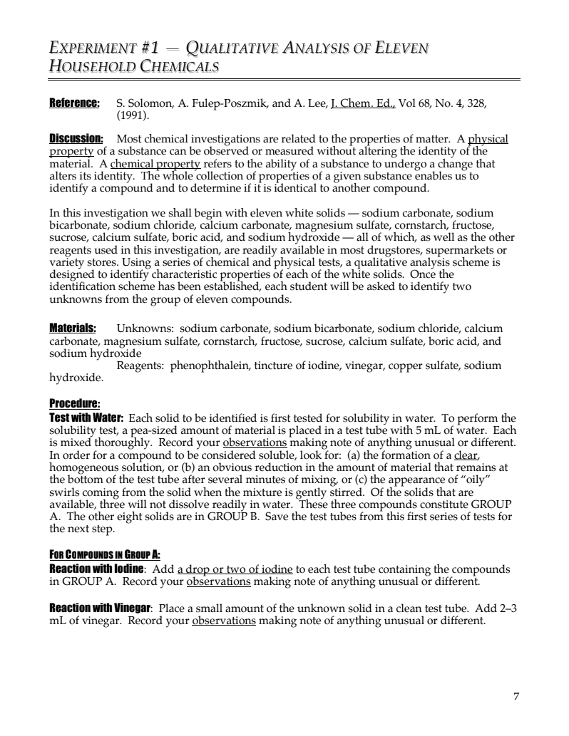 Qualitative Analysis of Eleven Household Chemicals Lab Resource