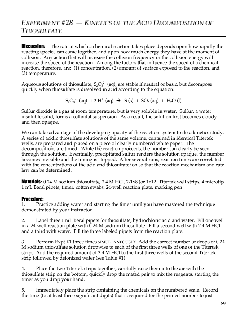 Kinetics of the Acid Decomposition of Thiosulfate Lab Resource