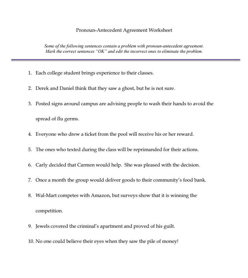 Pronoun-Antecedent Agreement Worksheet Worksheet