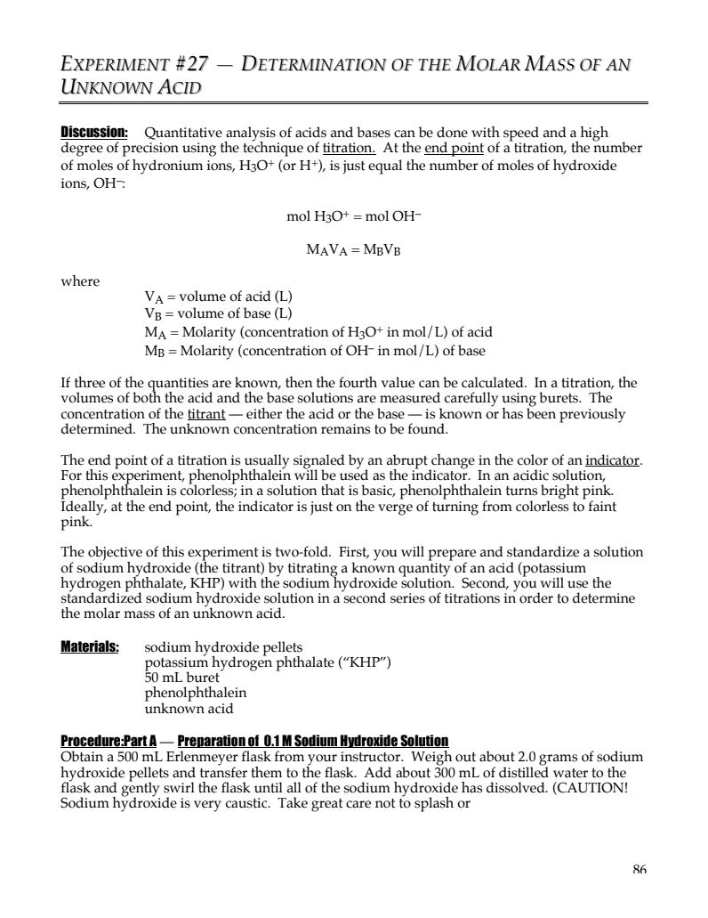 Determination of the Molar Mass of an Unknown Acid Lab Resource
