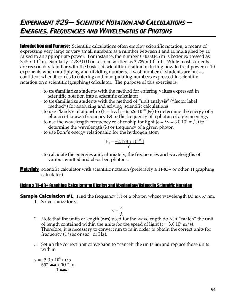 Scientific Notation and Calculations – Energies, Frequencies, and Wavelengths of Photons Lab Resource