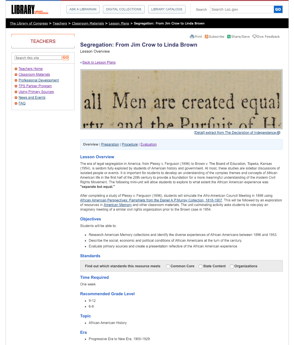 From Jim Crow To Linda Brown: A Retrospective of the African-American Experience from 1897 to 1953 Lesson Plan
