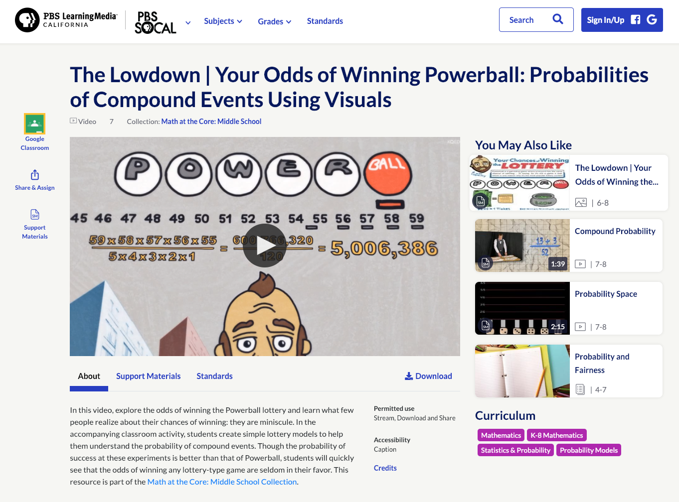 The Lowdown — Your Odds of Winning Powerball: Probabilities of Compound Events Using Visuals Instructional Video
