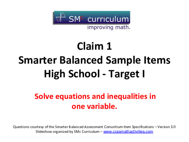 Smarter Balanced Sample Items: High School Math – Target I Assessment